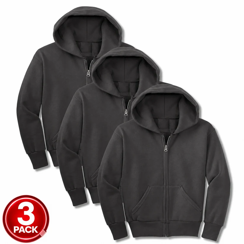 Youth Unisex 3-Pack Fleece Zip Up Hoodie in Charcoal