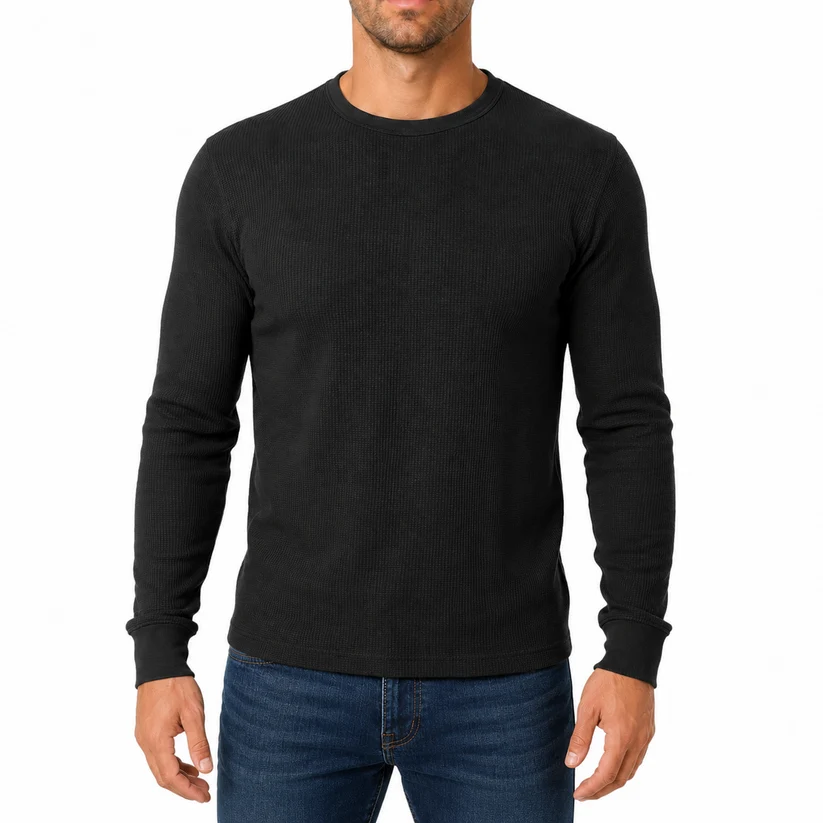 Men's Waffle-Knit Long Sleeve Thermal Shirt in Black