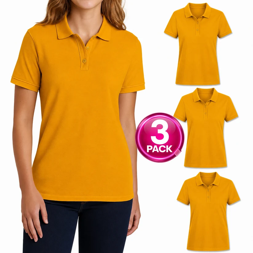 Young Women's 3-Pack Short Sleeve Jersey Knit Polo Shirt in Gold